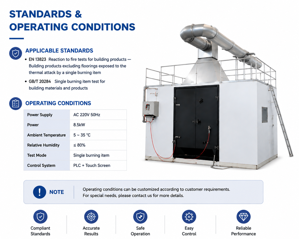 EN 13823 Standard SBI Fire Performance Tester dla materiałów budowlanych z czasem badania od 1 do 30 minut i dokładnością 0,1S
